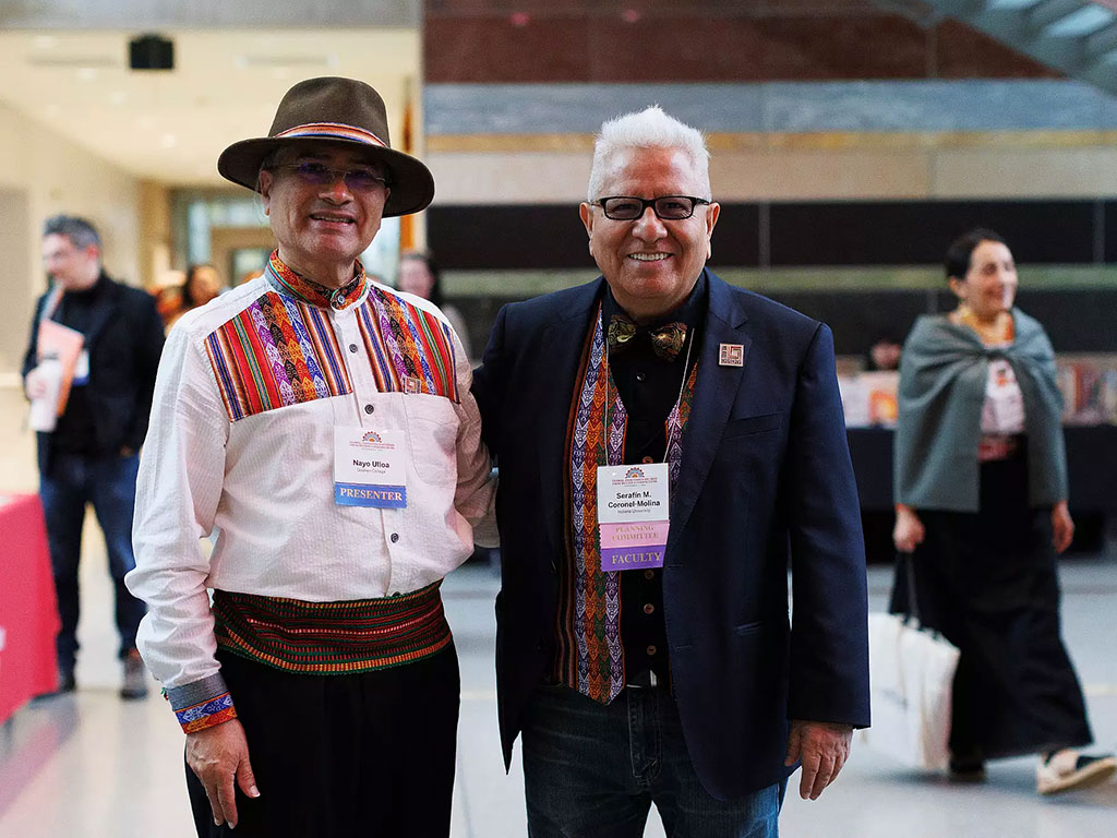 Presenter Nayo Ulloa of Goshen College, left, and Serafin Coronel-Molina, head coordinator of the Global Indigenous Studies Network at Indiana University, were joined by nearly 300 others at the Conference on Global indigenous Studies at IU Bloomington.