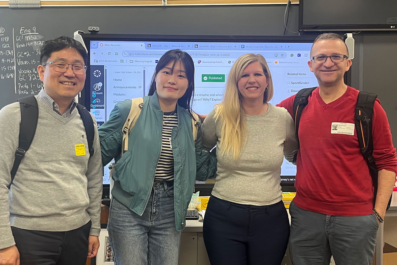 The project team includes, from left, Associate Professor Kyungbin Kwon, LDAE graduate student Juhyun Park, teacher Abby Kennedy, and Associate Professor Ugur Kale